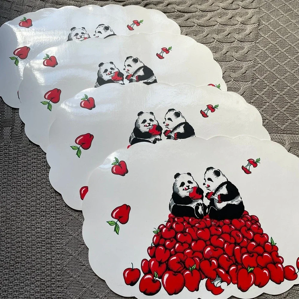 Vintage 70s Funky Panda & Apples Scalloped Vinyl Placemats